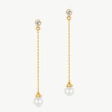 MaiaMina Adjustable Pearl Drop Earrings Gold Chain Dangle Hexagon CZ LYNKA