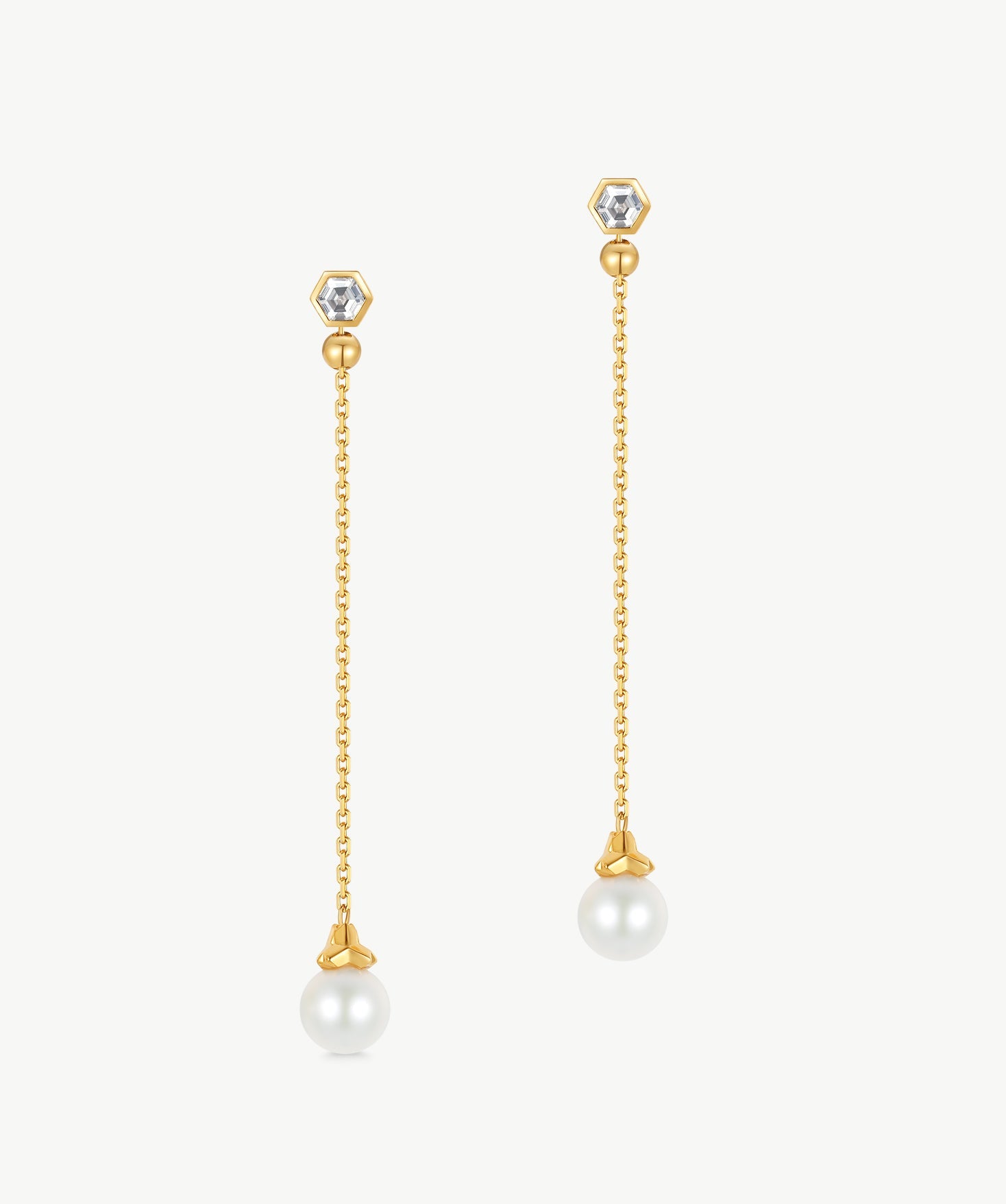 MaiaMina Adjustable Pearl Drop Earrings Gold Chain Dangle Hexagon CZ LYNKA
