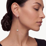 MaiaMina Adjustable Pearl Drop Earrings Gold Chain Dangle Hexagon CZ LYNKA