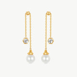 MaiaMina Adjustable Pearl Drop Earrings Gold Chain Dangle Hexagon CZ LYNKA