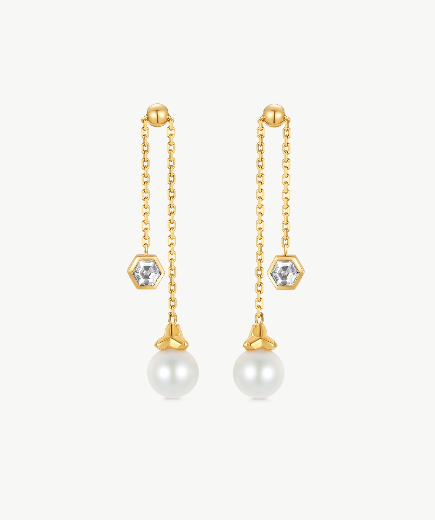 MaiaMina Adjustable Pearl Drop Earrings Gold Chain Dangle Hexagon CZ LYNKA