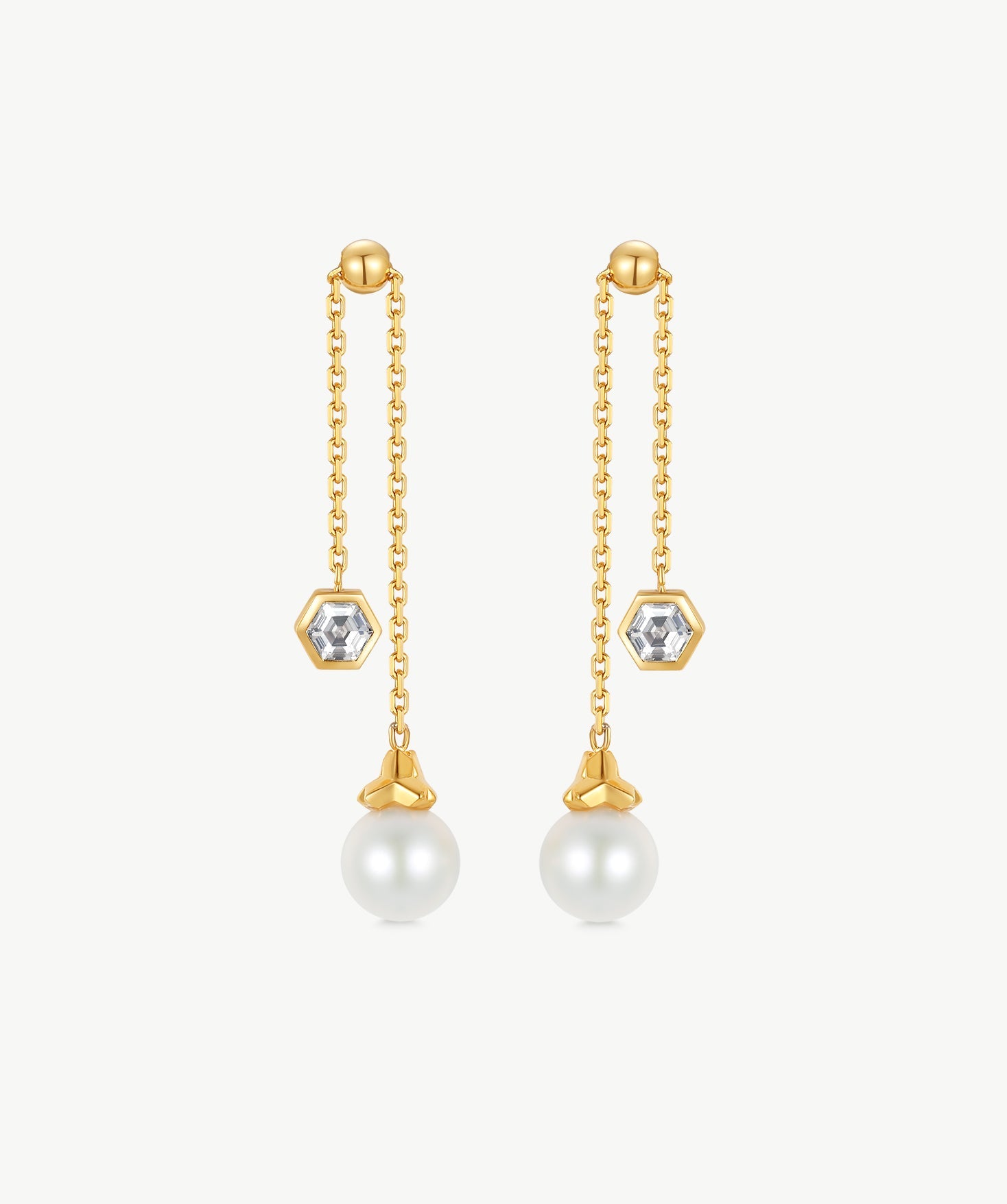 MaiaMina Adjustable Pearl Drop Earrings Gold Chain Dangle Hexagon CZ LYNKA