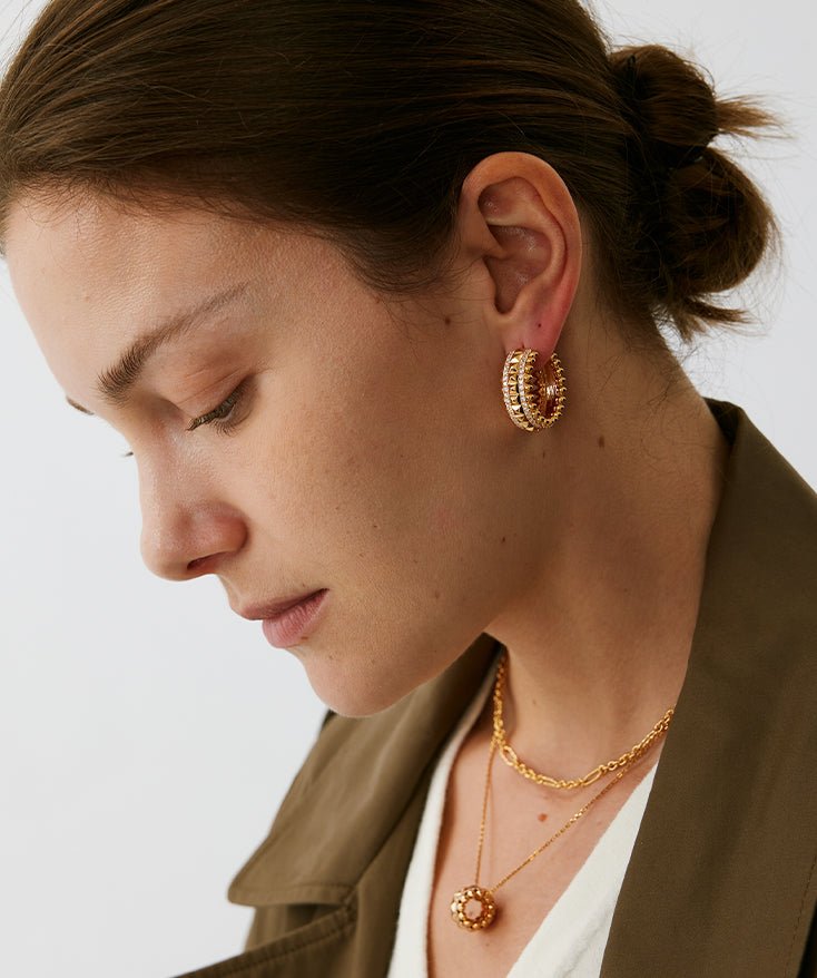 Rock Gemstone Spike Hoop Earrings | Gold-Plated Statement Hoops – MaiaMina
