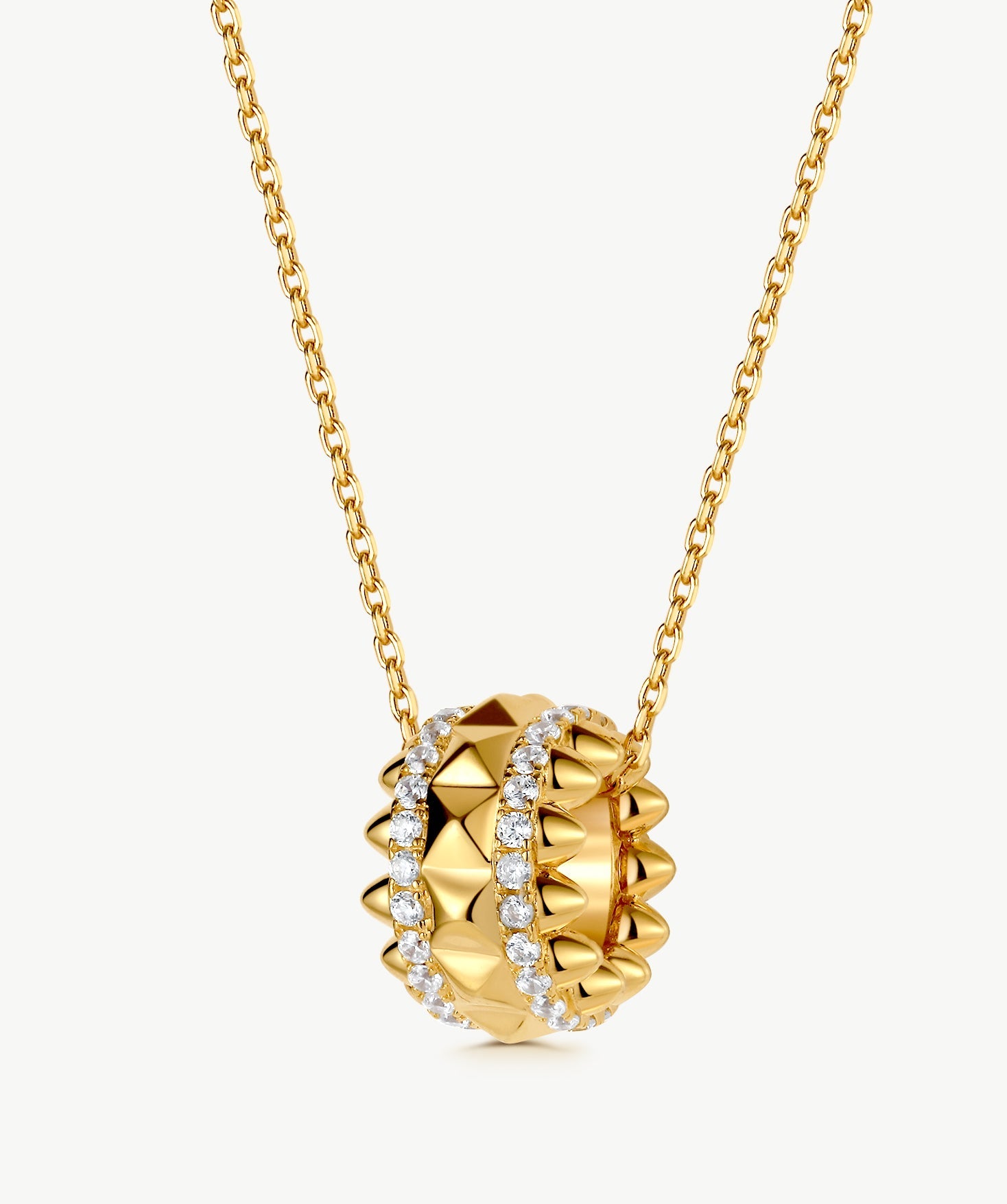 MaiaMina Gold Pendant Necklace Spike Pavé Barrel Charm Chain Statement Jewelry Rock