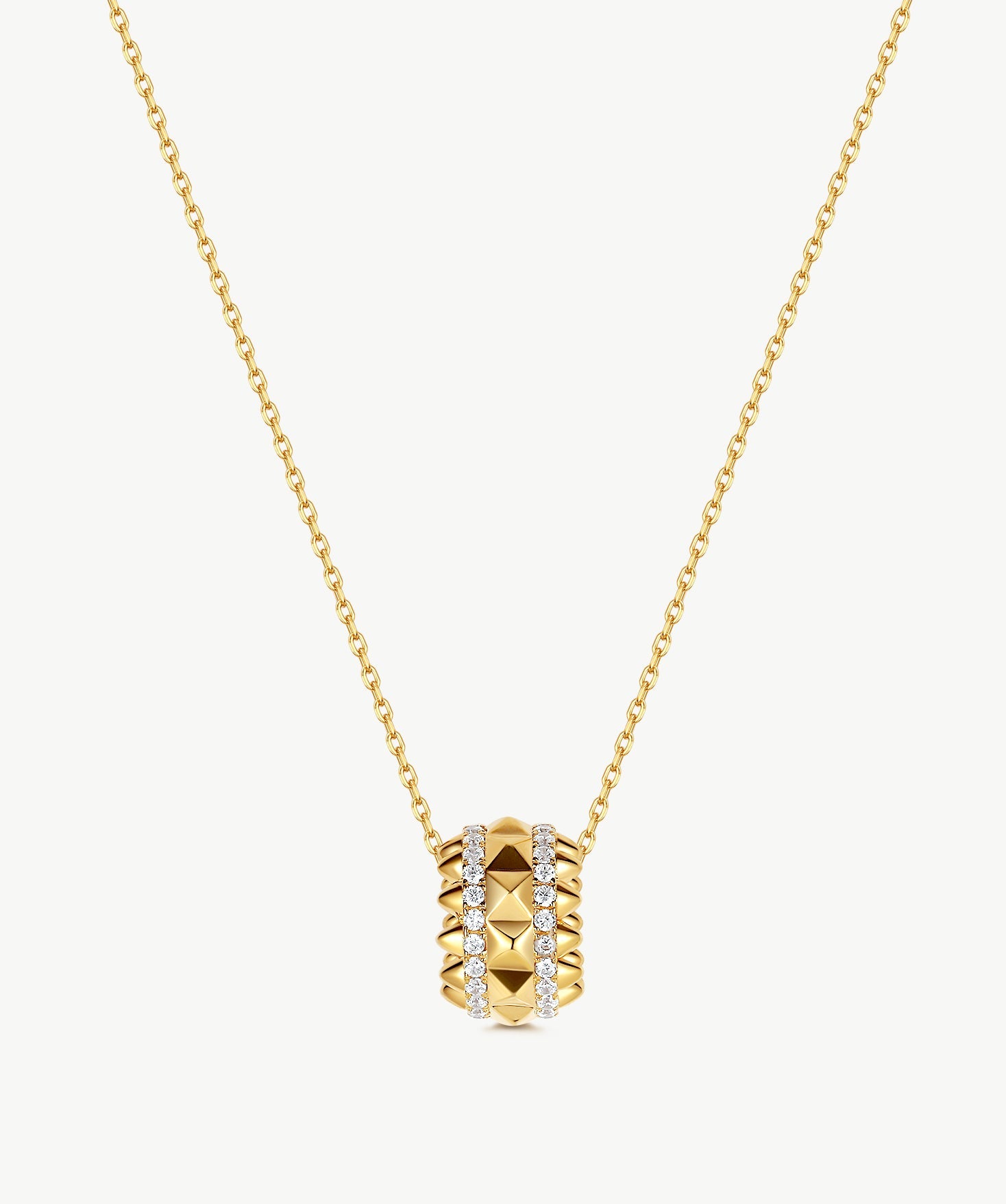 MaiaMina Gold Pendant Necklace Spike Pavé Barrel Charm Chain Statement Jewelry Rock