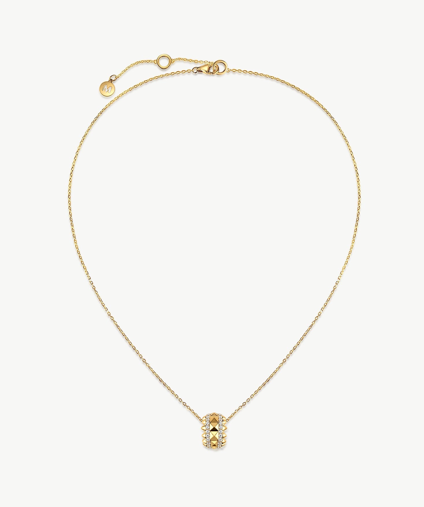 MaiaMina Gold Pendant Necklace Spike Pavé Barrel Charm Chain Statement Jewelry Rock