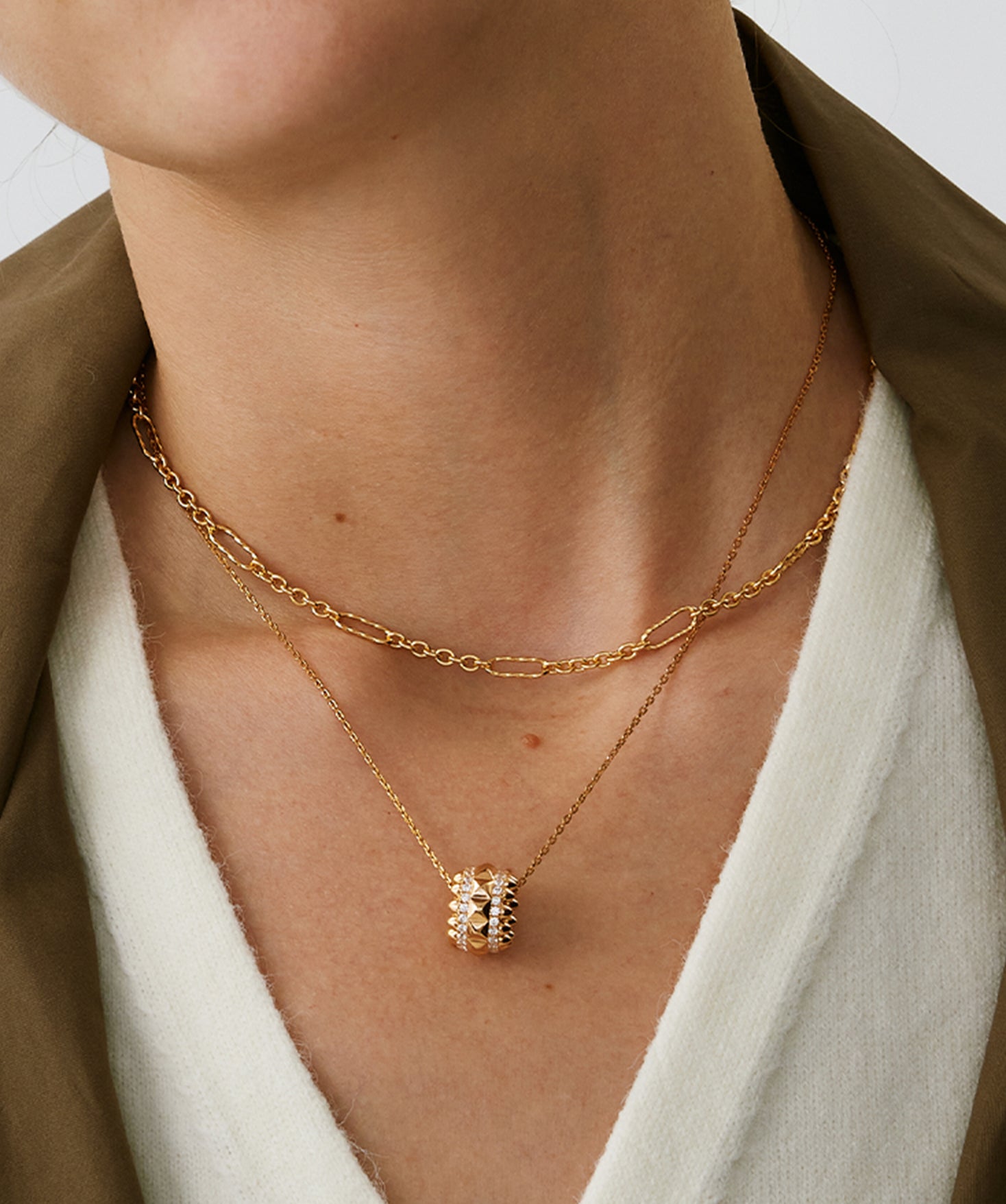 MaiaMina Gold Pendant Necklace Spike Pavé Barrel Charm Chain Statement Jewelry Rock