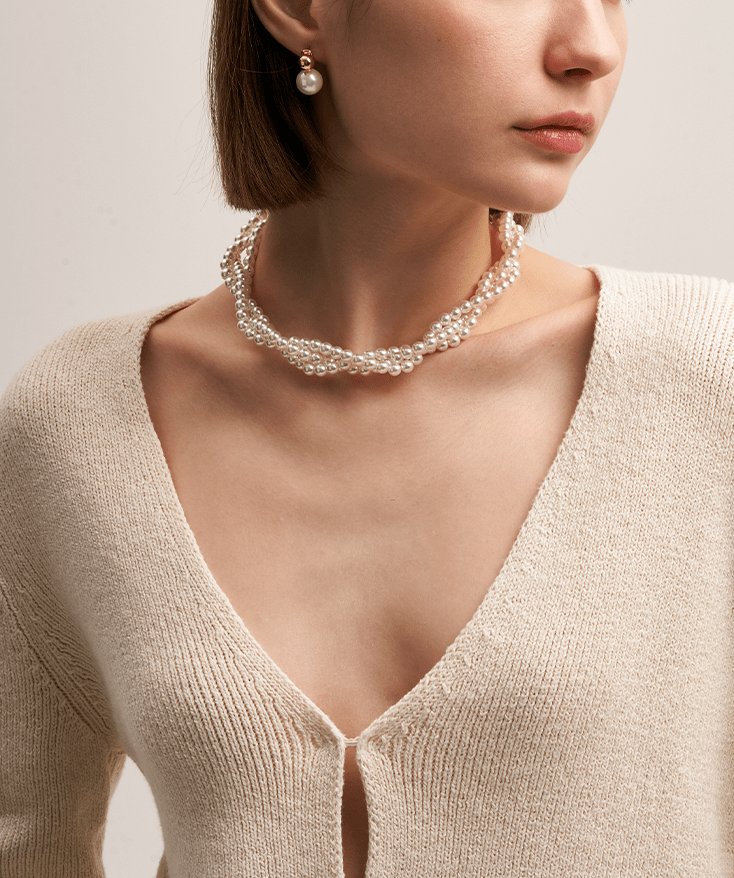 120mm Long Pearl Necklaces for Women, Cream White Pearl Strand Layered Necklace, 18K Gold Plated OT Buckle Necklace | MaiaMina 