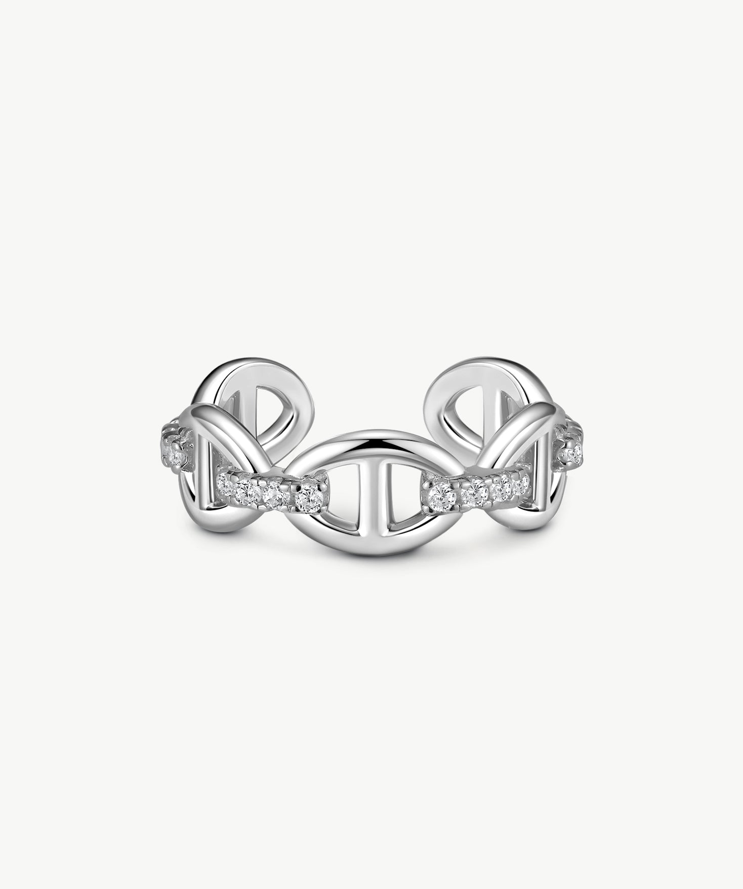 MaiaMina Open Ring Mariner Link CZ Ring Rhodium Plated Sterling Silver Adjustable Vero Collection