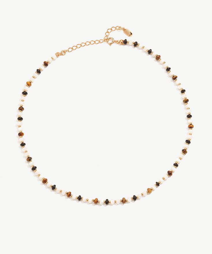 Beaded Necklace for Women, Mother of Pearl, Black Onyx & Tiger's Eye Necklace with 18K Gold Plated on Sterling Silver