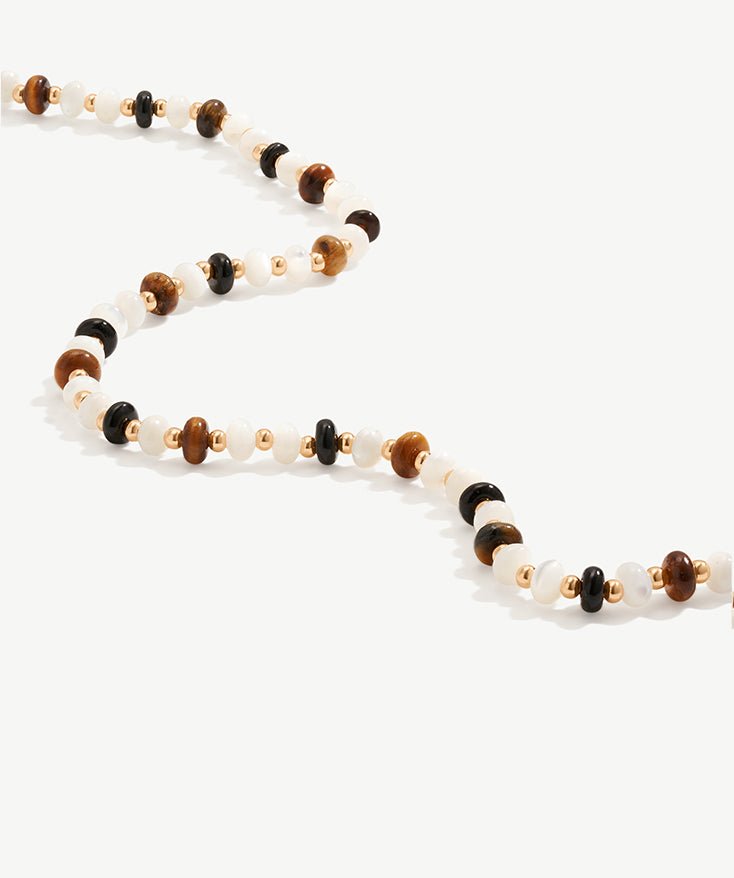 Beaded Necklace for Women, Mother of Pearl, Black Onyx & Tiger's Eye Necklace with 18K Gold Plated on Sterling Silver