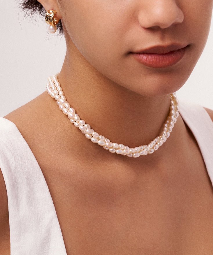 Three-Strand Pearl Beads Necklace, Statement Necklace Pearl Layering  Necklace Set with 18K Gold Plated Vermeil