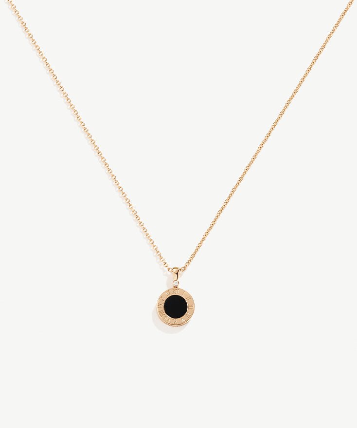 Double Side Roman Numerals Round Pendant Necklace, Black Onyx & Mother of Pearl Reversible Coin Necklace with 18K Gold Plated on Sterling Silver | MaiaMina