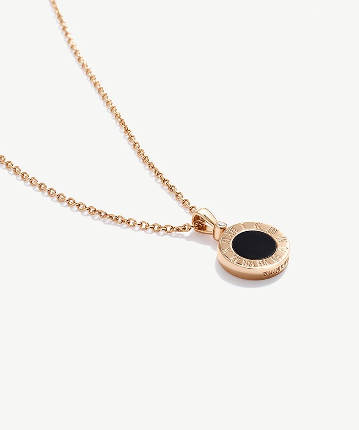 Double Side Roman Numerals Round Pendant Necklace, Black Onyx & Mother of Pearl Reversible Coin Necklace with 18K Gold Plated on Sterling Silver | MaiaMina