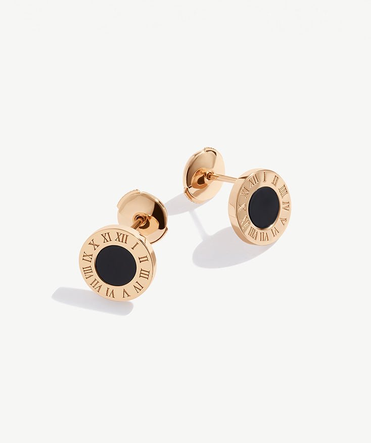 Stud Earrings for Women with Roman Numerals, Hypoallergenic Black Onyx Stud Earrings with 18K Gold Plated on Sterling Silver | MaiaMina 