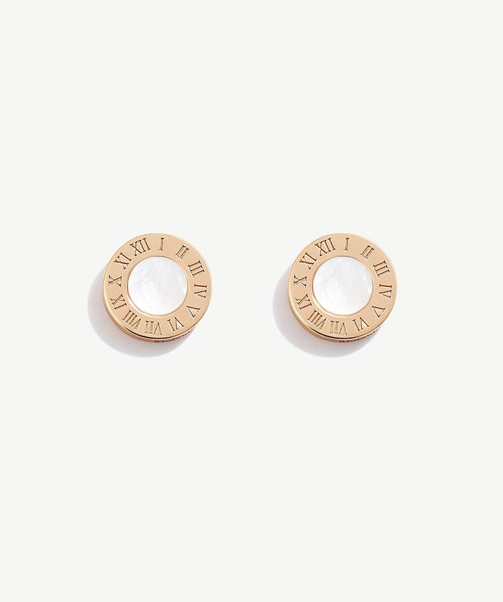 Stud Earrings for Women with Roman Numerals, Hypoallergenic White Mother of Pearl Earrings with 18K Gold Plated on Sterling Silver | MaiaMina 