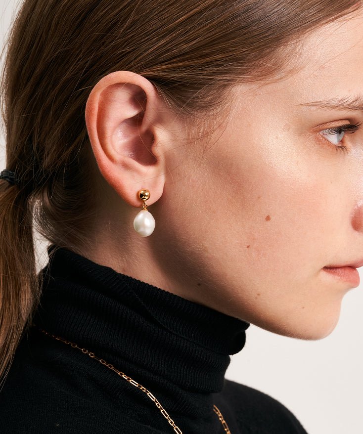 Pearl Drop Earrings For Women, 18K Gold Plated Sterling Silver Dangle Earrings, Dainty Teardrop Baroque Freshwater Pearls | MaiaMina
