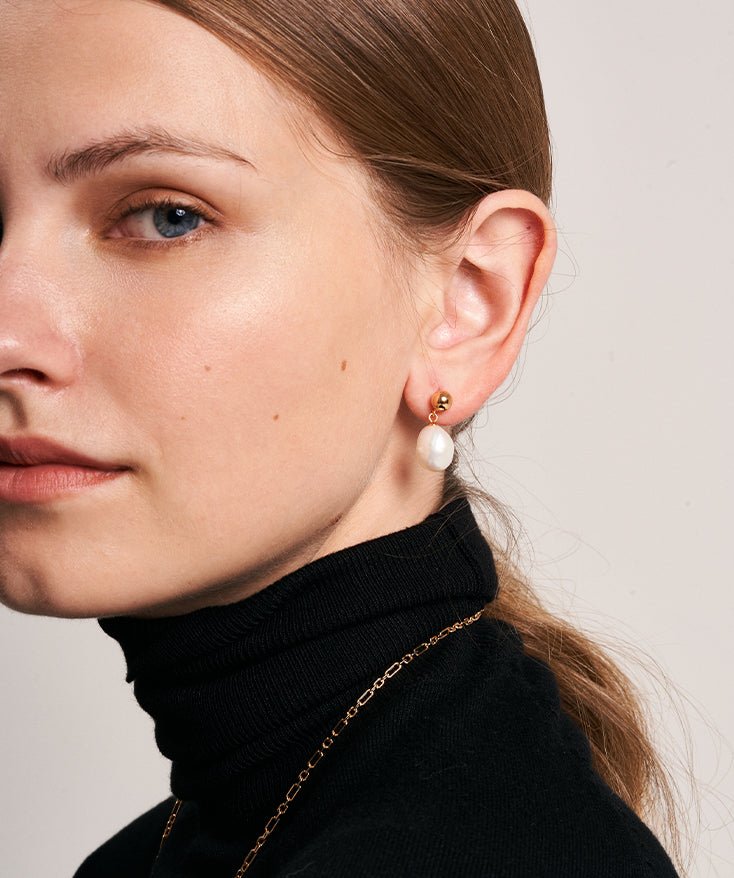 Pearl Drop Earrings For Women, 18K Gold Plated Sterling Silver Dangle Earrings, Dainty Teardrop Baroque Freshwater Pearls | MaiaMina