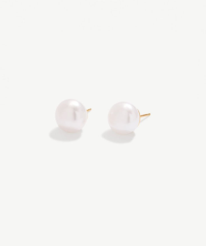18K Gold Plated Sterling Silver Round White Freshwater Cultured Pearl Stud Earrings for Women | MaiaMina