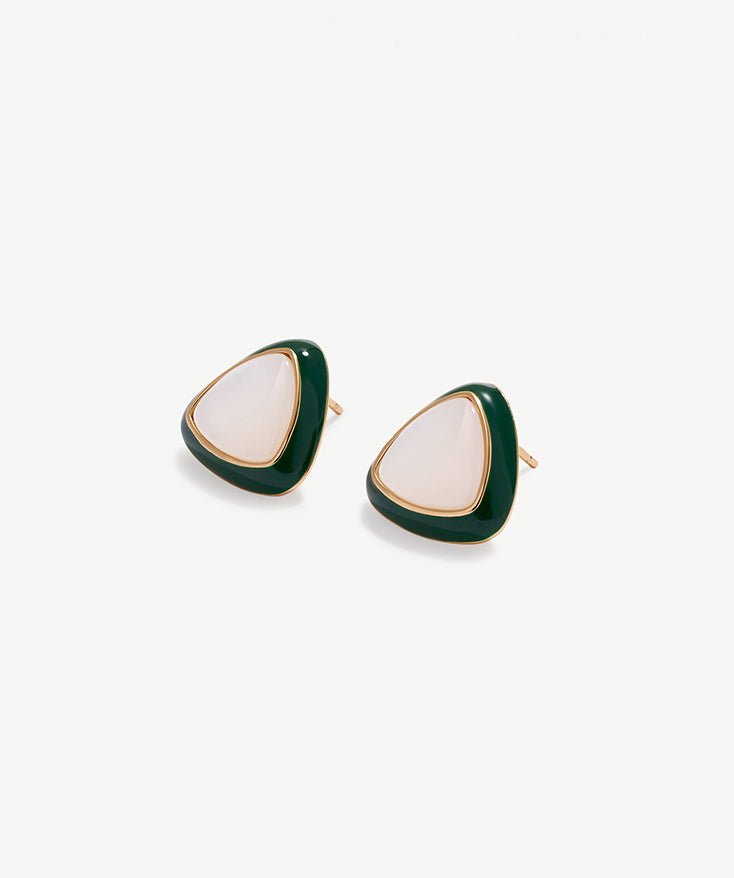 Gold-Tone Green Enamel Triangle Stud with Mother of Pearl Stone Accent Earrings - 18K Gold Vermeil | MaiaMina 
