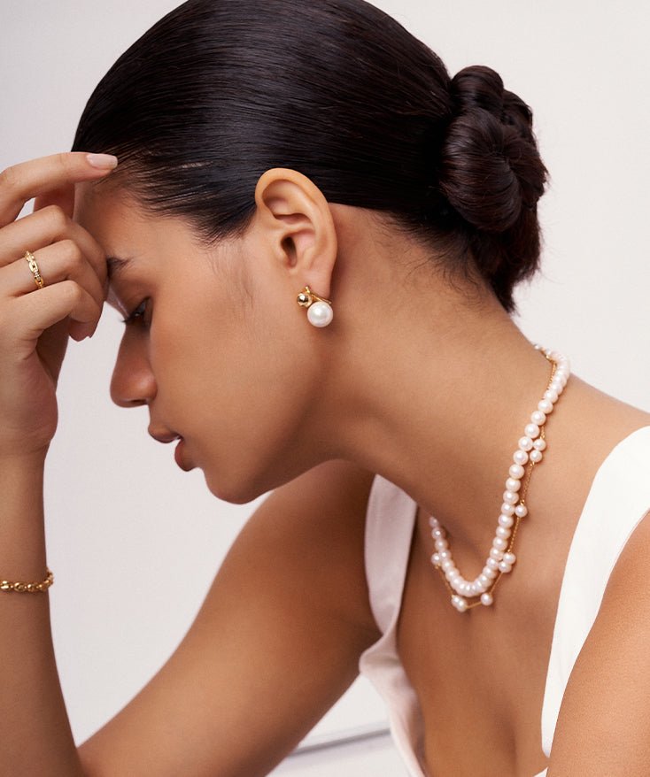 Two Tone Double Balls Pearl Bead Drop Earrings, 18K Gold Plated 925 Sterling Silver Dangle Earrings | MaiaMina