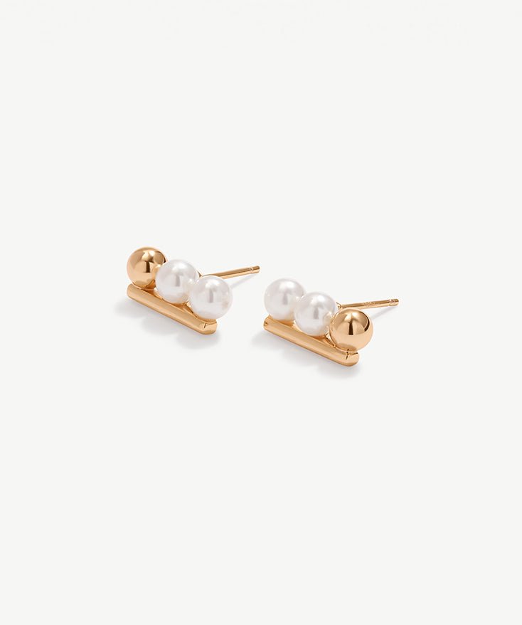 18K Gold Pearl Triple Bead Stud Earrings, Geometric Shape Mini Bar S925 Sterling Silver Earrings for Women | MaiaMina