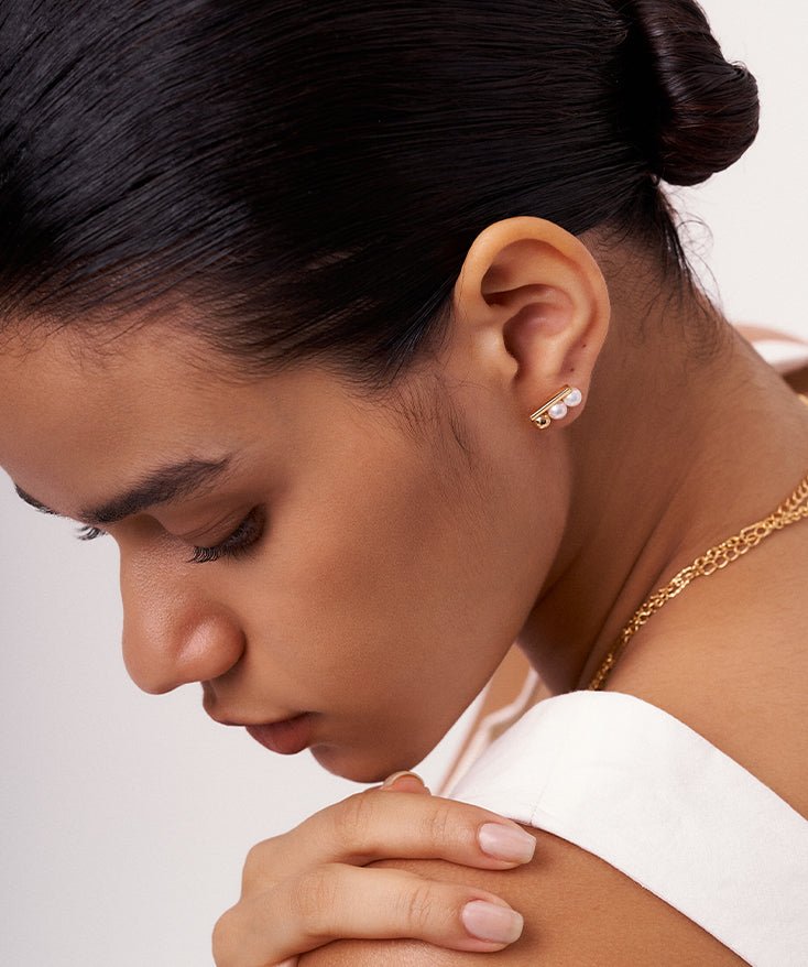 18K Gold Pearl Triple Bead Stud Earrings, Geometric Shape Mini Bar S925 Sterling Silver Earrings for Women | MaiaMina
