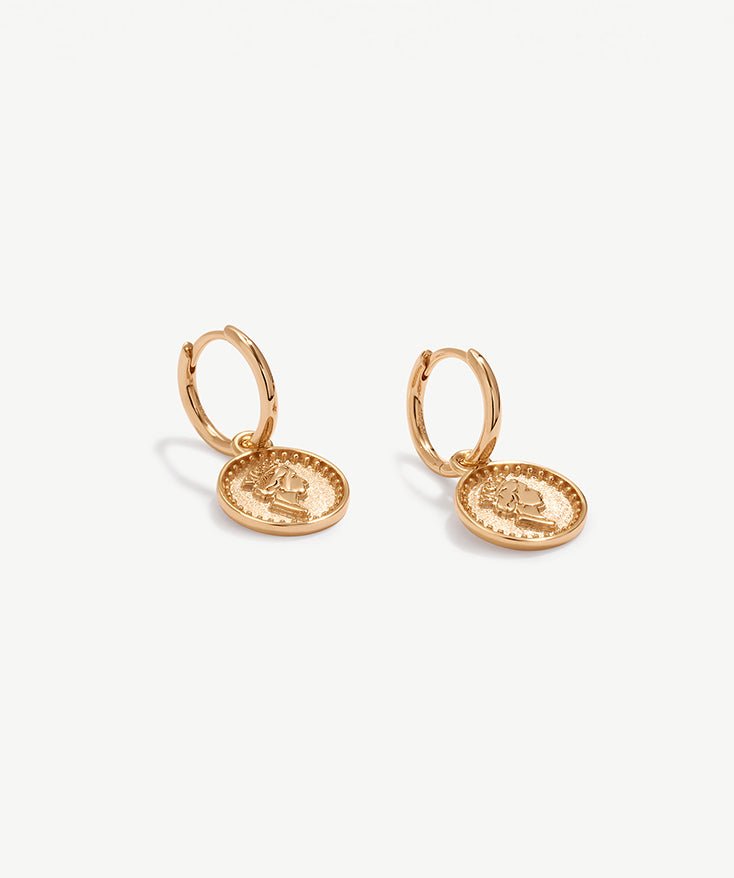 Huggie Small Hoop Earrings with Coin Queen Elizabeth Charm, 18K Gold Plated Sterling Silver  Drop Dangle Earrings for Women | MaiaMina